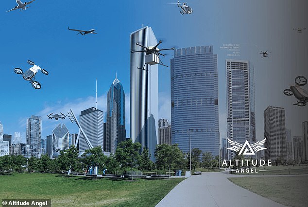 Durch die Kommunikation mit Drohnen in der Luft können die Türme den Verkehr so ​​koordinieren, dass Drohnen einander und eventuellen Hindernissen ausweichen (künstlerische Darstellung).
