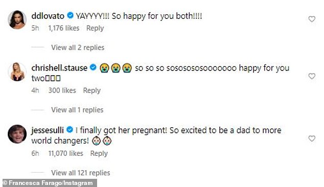 Jesse verkündete stolz in den Kommentaren zu ihrem Beitrag, dass er sie „endlich schwanger gemacht“ habe, zu dem Popstar Demi Lovato und Chrishell Stause von Selling Sunset gratulierten