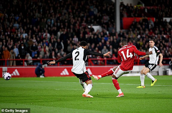 NOTTINGHAM, ENGLAND - APRIL 02: Callum Hudson-Odoi of Nottingham Forest scores his team's first goal during the Premier League match between Nottingham Forest and Fulham FC at the City Ground on April 02, 2024 in Nottingham, England. (Photo by Michael Regan/Getty Images)