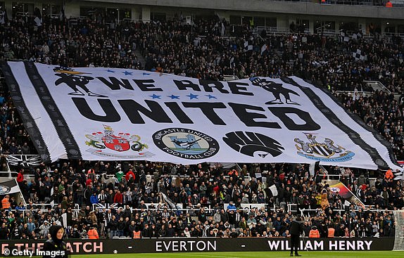 NEWCASTLE UPON TYNE, ENGLAND - APRIL 02: Fans of Newcastle United present a banner reading "We Are United" prior to the Premier League match between Newcastle United and Everton FC at St. James Park on April 02, 2024 in Newcastle upon Tyne, England. (Photo by Stu Forster/Getty Images) (Photo by Stu Forster/Getty Images)