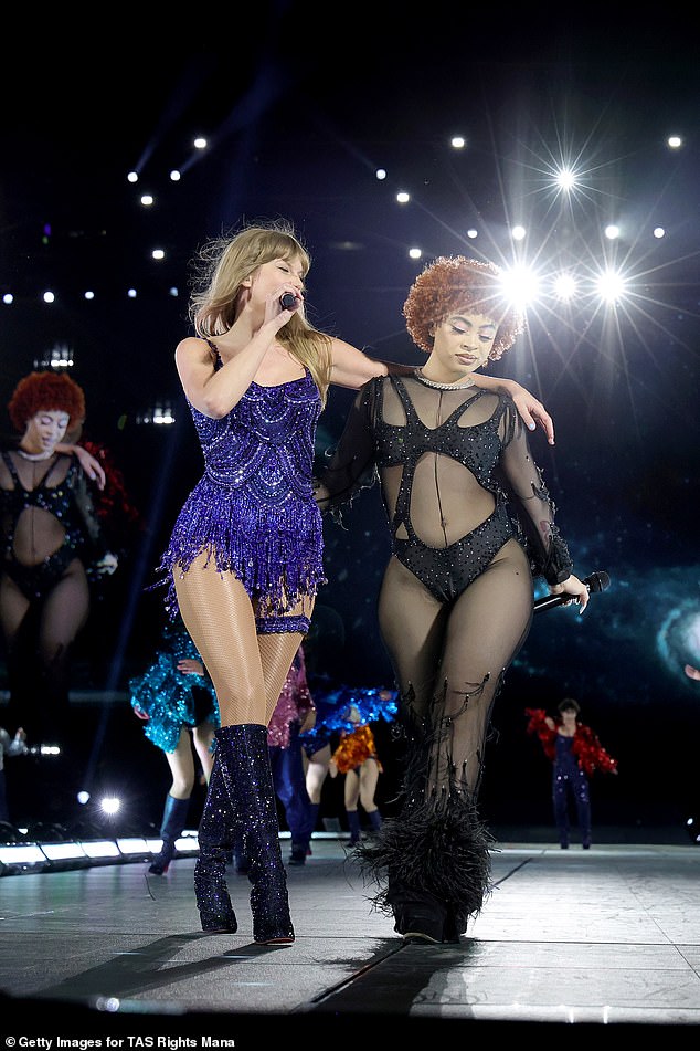 Pictured: Ice Spice and Taylor performing onstage during the Eras tour in New Jersey, in May 2023