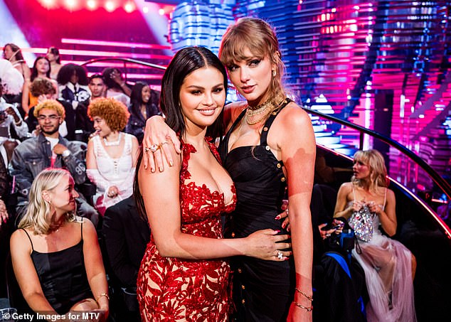 Selena and Taylor huddle and pose together during the VMAs in January. The pair are known to be close friends
