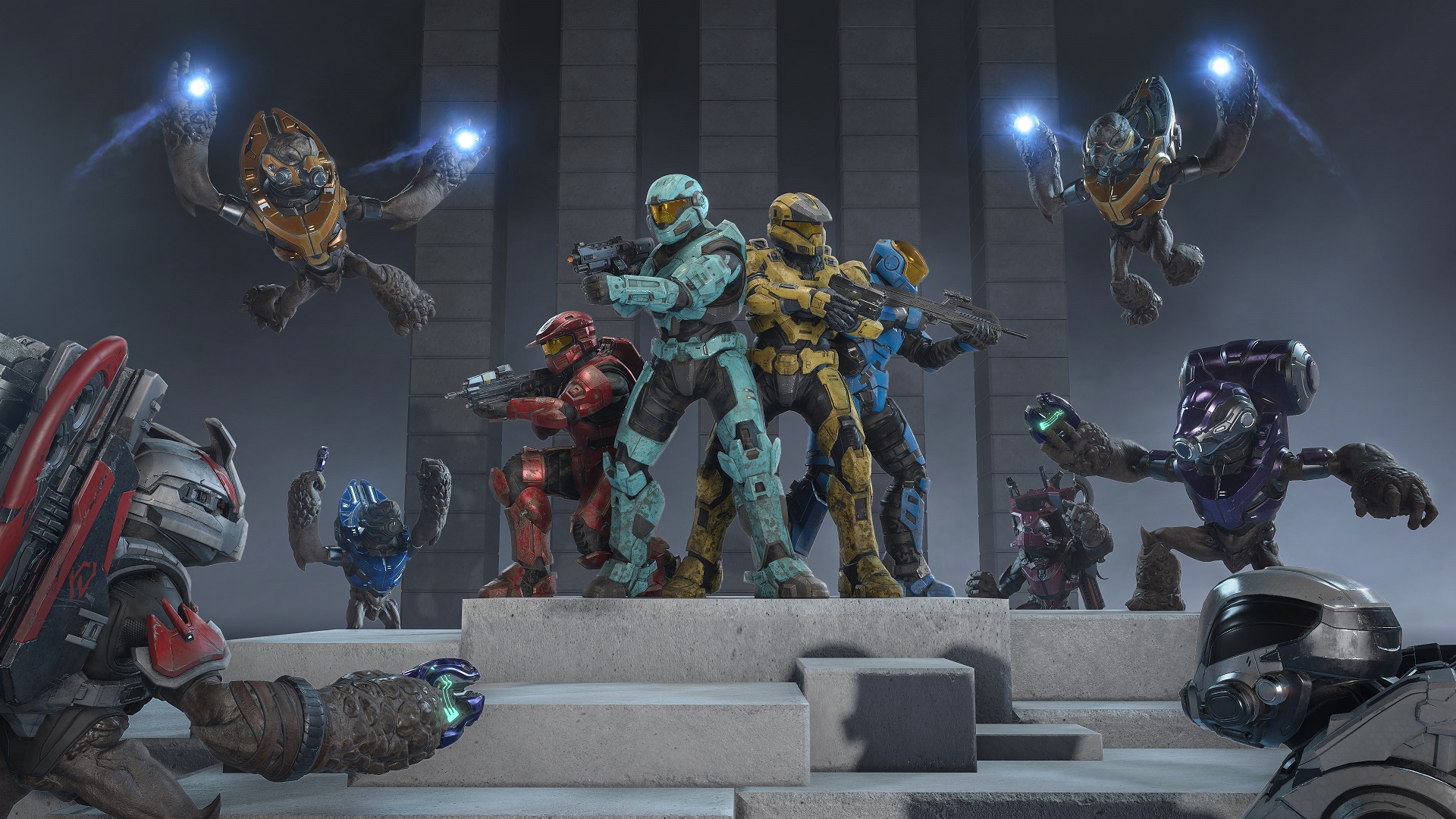 Halo Infinite-Bild des Gruntpocalypse-Modus, das Spartaner im Kampf gegen Grunts zeigt