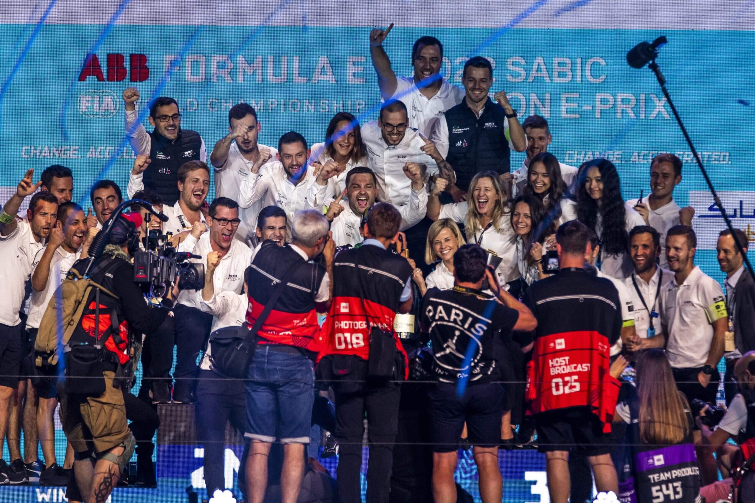 Susie Wolff (centre), team principal and shareholder of Venturi FE team, during the trophy presentation team group photo during the 2022 SABIC London E-Prix at the ExCel Circuit, London. Picture date: Sunday July 31, 2022. (Photo by Steven Paston/PA Images via Getty Images)