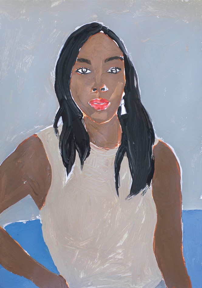gemaltes Porträt einer schwarzen Frau mit rotem Lippenstift auf grauem Hintergrund