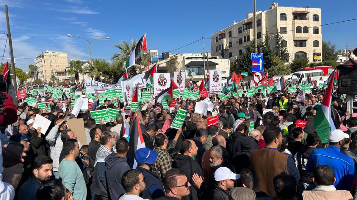 Pro-palästinensische Demonstranten marschieren mit Schildern und Palästina-Flagge