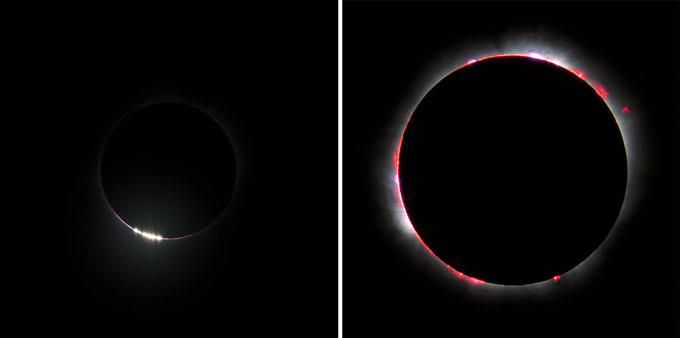 A photo of the total solar eclipse phenomenon known as Bailey's beads next to a photo of the chromosphere as it appears during totality