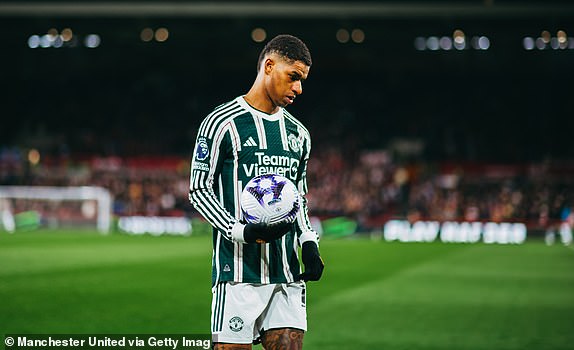 BRENTFORD, ENGLAND - MARCH 30: Marcus Rashford of Manchester United in action during the Premier League match between Brentford FC and Manchester United at Gtech Community Stadium on March 30, 2024 in Brentford, England. (Photo by Ash Donelon/Manchester United via Getty Images)