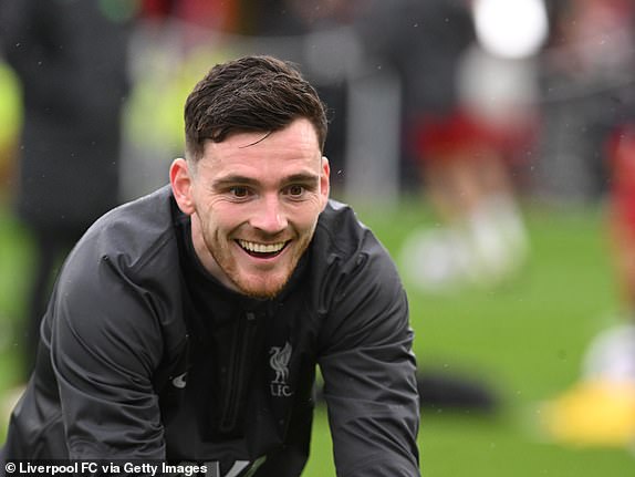 LIVERPOOL, ENGLAND - MARCH 10: (THE SUN OUT. THE SUN ON SUNDAY OUT) Andy Robertson of Liverpool during the warm-up before the Premier League match between Liverpool FC and Manchester City at Anfield on March 10, 2024 in Liverpool, England. (Photo by John Powell/Liverpool FC via Getty Images)