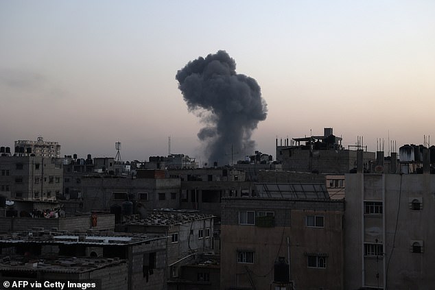 Above, smoke from an Israeli strike on Rafah, in the southern Gaza Strip on April 4, 2024