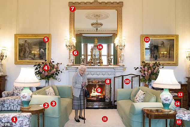 Those heading on the £100 tour are likely to see many of the royal heirlooms that surround the late Queen in this photograph taken inside the Drawing Room at Balmoral, just days before her death at 96 on September 8th 2022