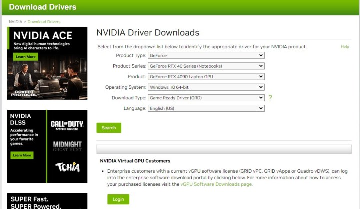 Nvidias Website zum Herunterladen von Treibern.