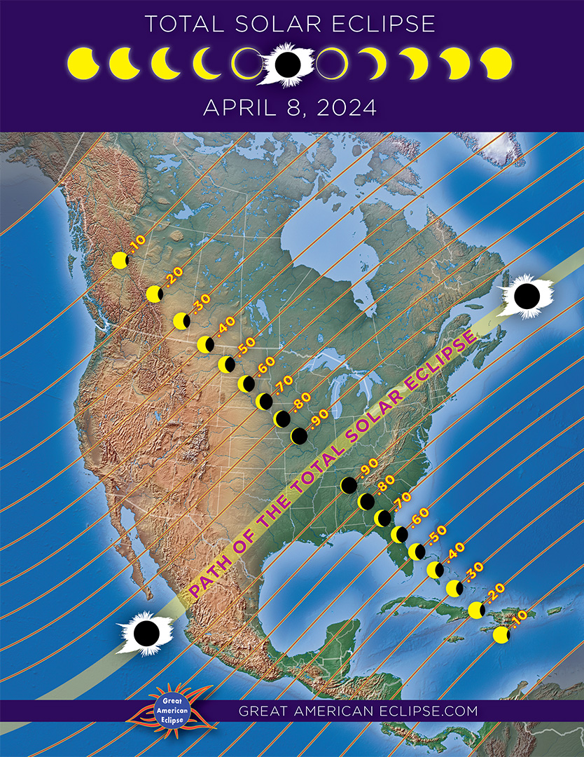 Eine Karte der totalen und partiellen Sonnenfinsternis in ganz Nordamerika am 8. April 2024.
