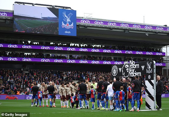 LONDON, ENGLAND - APRIL 06: Players of both side's shake hands in-front of a No Room for Racism line up board prior to the Premier League match between Crystal Palace and Manchester City at Selhurst Park on April 06, 2024 in London, England. (Photo by Eddie Keogh/Getty Images) (Photo by Eddie Keogh/Getty Images)