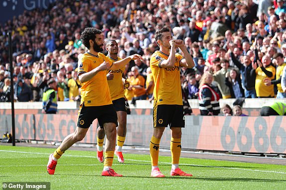 WOLVERHAMPTON, ENGLAND - APRIL 6:  Pablo Sarabia of Wolverhampton Wanderers celebrates with teammates after scoring a penalty to make it 1-0 during the Premier League match between Wolverhampton Wanderers and West Ham United at Molineux on April 6, 2024 in Wolverhampton, England.(Photo by Copa/Getty Images)