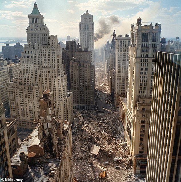 Dieses von der KI generierte Bild simuliert die Zerstörung, die New York City im Falle eines Erdbebens der Stärke 7,4 erleben könnte.