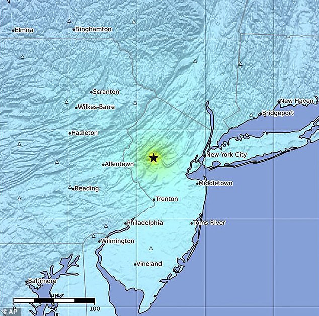 Dieses vom US Geological Survey bereitgestellte Bild zeigt das Epizentrum eines Erdbebens an der Ostküste der USA am Freitag, dem 5. April 2024.