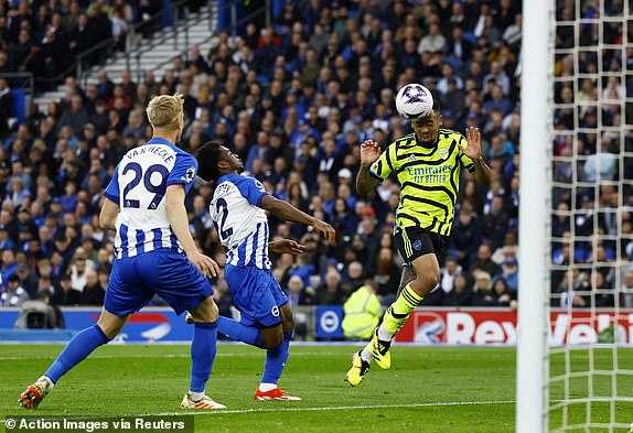 Soccer Football - Premier League - Brighton & Hove Albion v Arsenal - The American Express Community Stadium, Brighton, Britain - April 6, 2024 Arsenal's Gabriel Jesus heads at goal Action Images via Reuters/Peter Cziborra NO USE WITH UNAUTHORIZED AUDIO, VIDEO, DATA, FIXTURE LISTS, CLUB/LEAGUE LOGOS OR 'LIVE' SERVICES. ONLINE IN-MATCH USE LIMITED TO 45 IMAGES, NO VIDEO EMULATION. NO USE IN BETTING, GAMES OR SINGLE CLUB/LEAGUE/PLAYER PUBLICATIONS.