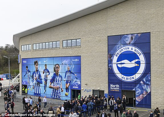 BRIGHTON, ENGLAND - APRIL 6:  A general view of  Falmer Stadium, home of Brighton & Hove Albion during the Premier League match between Brighton & Hove Albion and Arsenal FC at American Express Community Stadium on April 6, 2024 in Brighton, England.(Photo by David Horton - CameraSport via Getty Images)