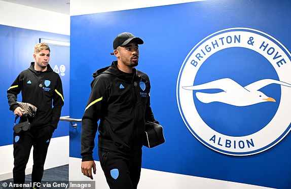 BRIGHTON, ENGLAND - APRIL 06: Gabriel Jesus of Arsenal arrives at the stadium prior to the Premier League match between Brighton & Hove Albion and Arsenal FC at American Express Community Stadium on April 06, 2024 in Brighton, England. (Photo by Stuart MacFarlane/Arsenal FC via Getty Images)