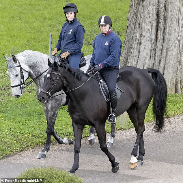 The Prince was pictured at the reigns of a black horse as he went riding near Windsor Castle, in Berkshire, on April 6