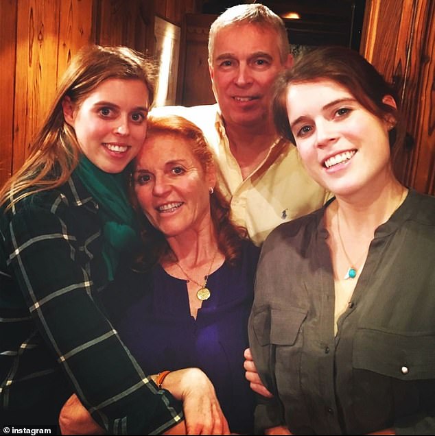 Prince Andrew with his two daughters Princess Beatrice (left) and Princess Eugenie (right) and his ex-wife Sarah Ferguson (centre)