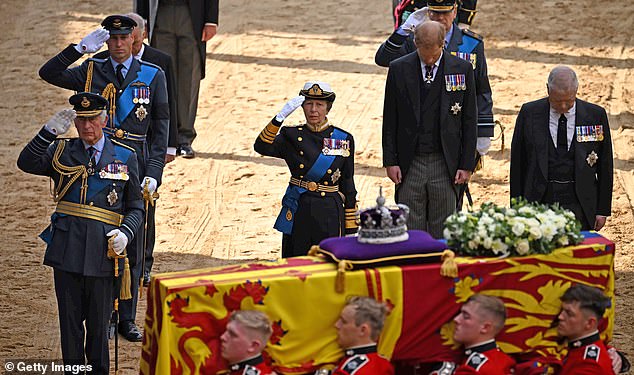 Princes Harry and Andrew both both their heads as other senior royals, including King Charles, Princess Anne and Prince Edward salute the Queen outside of Westminster Abbey on Monday morning