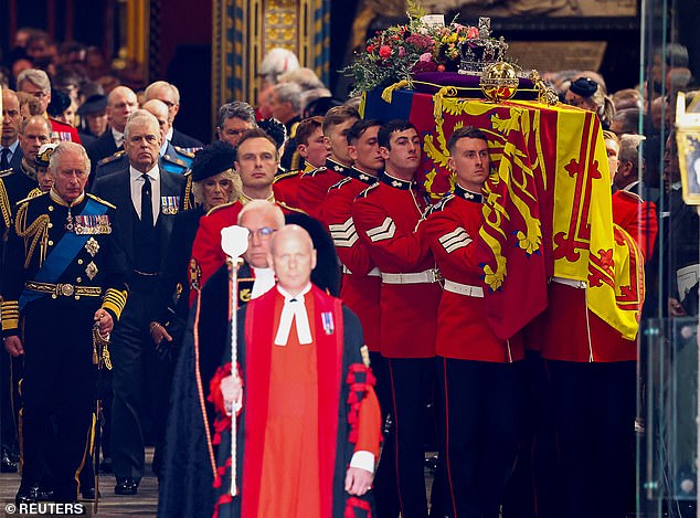 Her Majesty the Queen is carried out of Westminster Abbey followed by her family as she made her final journey through the streets of London on Monday afternoon