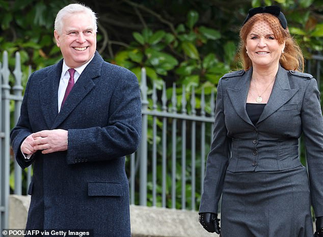 Britain's Prince Andrew, Duke of York and Sarah, Duchess of York, smiling while arriving this morning