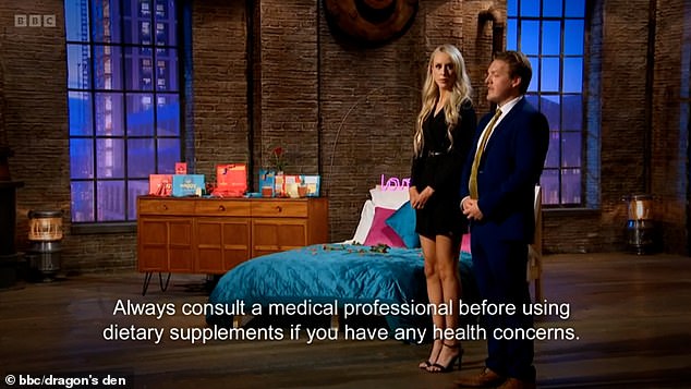 During the duo's pitch, viewers could spot a health disclaimer added by the BBC , which read: 'Always consult a medical professional before using dietary supplements if you have any health concerns.'
