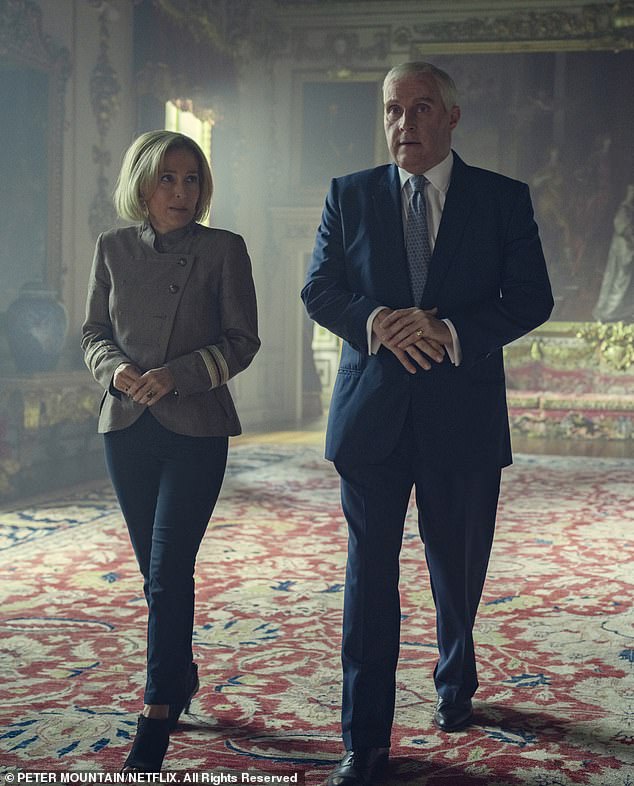 Gillian Anderson as Emily Maitlis and Rufus Sewell as Prince Andrew in the Netflix drama