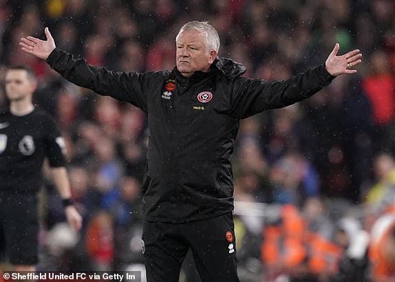 LIVERPOOL, ENGLAND - APRIL 04: Chris Wilder manager of Sheffield United appeals during the Premier League match between Liverpool FC and Sheffield United at Anfield on April 04, 2024 in Liverpool, England. (Photo by SportImage/Sheffield United FC via Getty Images)