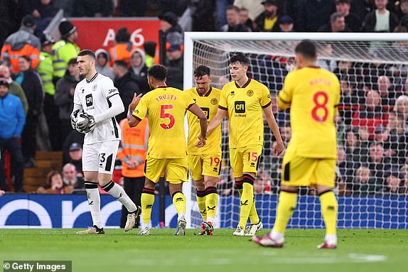 LIVERPOOL, ENGLAND - APRIL 4: Ivo Grbi of Sheffield United reacts after conceding a goal to make it 1-0 due to his mistake  during the Premier League match between Liverpool FC and Sheffield United at Anfield on April 4, 2024 in Liverpool, England.(Photo by Robbie Jay Barratt - AMA/Getty Images)