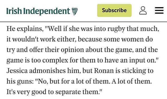 Er schien zu behaupten, dass Rugby „zu komplex“ sei, als dass Frauen „einen Einfluss darauf hätten“