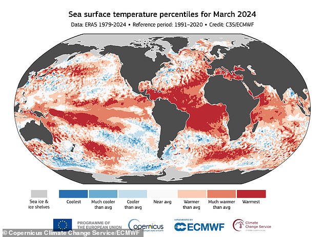 Abgebildet ist die Meeresoberflächentemperatur für März 2024. Dies ist eine separate Metrik zur Messung der Hitze auf der Welt