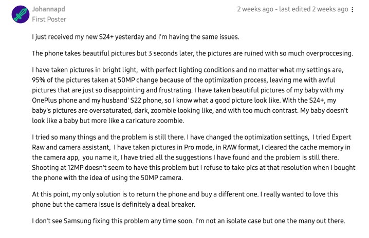 Forumsbeitrag über schlechte Kamera beim Samsung Galaxy S24.