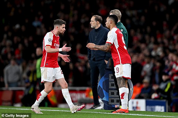 LONDON, ENGLAND - APRIL 09: Gabriel Jesus of Arsenal is substituted on for teammate Jorginho during the UEFA Champions League quarter-final first leg match between Arsenal FC and FC Bayern MÃ¼nchen at Emirates Stadium on April 09, 2024 in London, England. (Photo by Shaun Botterill/Getty Images)