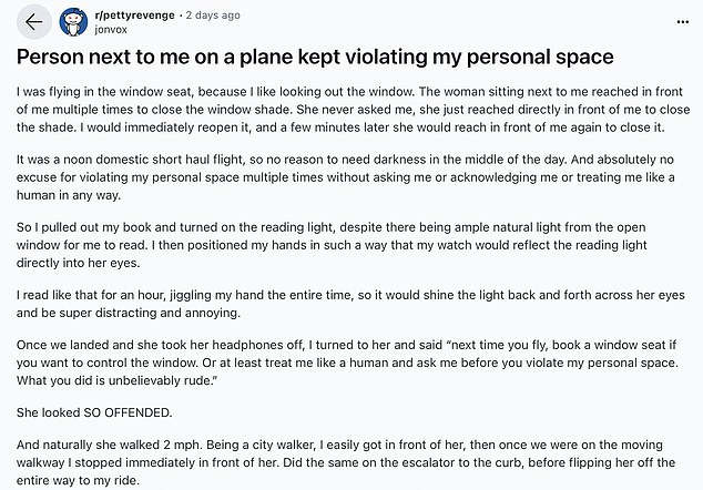 Die namentlich nicht genannte Passagierin schimpfte auf Reddit über die Frau, die neben ihr auf dem Mittelsitz saß, und erklärte, dass sie versucht habe, die Kontrolle über das Fenster zu übernehmen