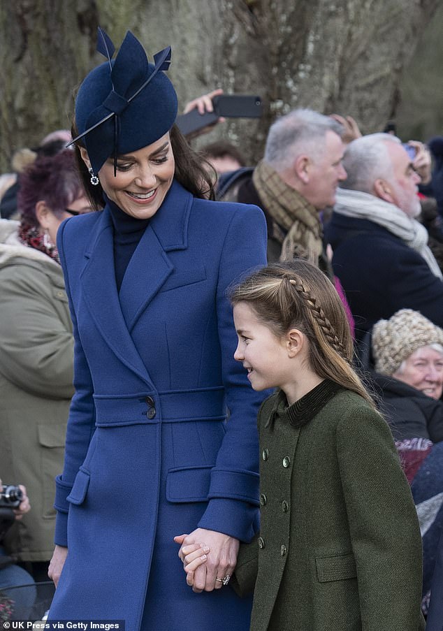 Kate (pictured with Princess Charlotte on Christmas Day 2023), 42, announced via an emotional video message at the end of March that she is in the early stages of treatment after a cancer diagnosis