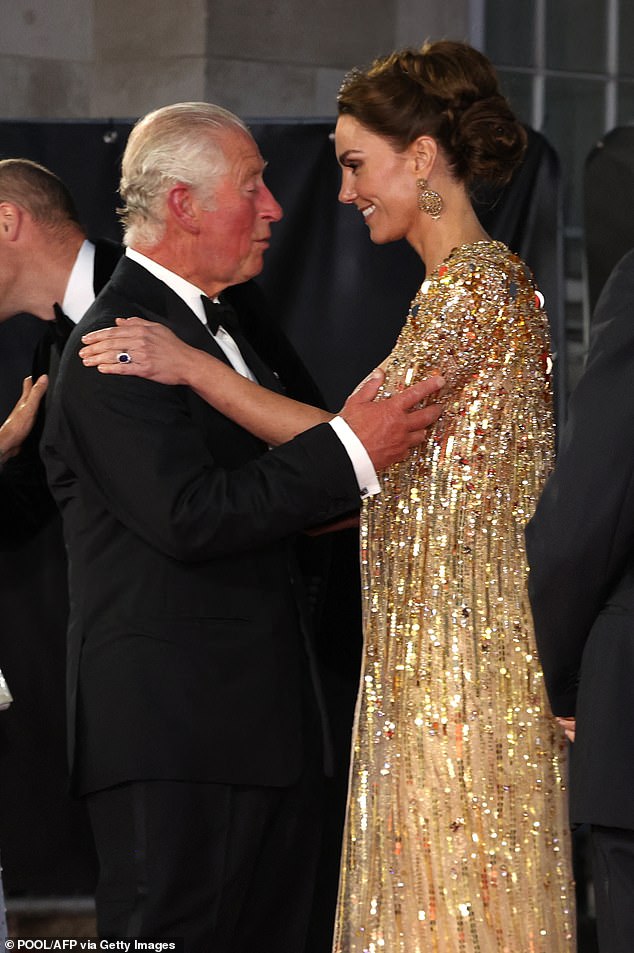 The King (pictured greeting Kate in September 2021) was described by the Palace as being 'so proud' of the Princess for her courage in speaking out, and is said to be in 'the closest contact with his beloved daughter-in-law'.