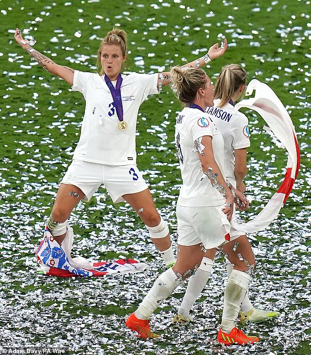 England's Rachel Daly (left), Millie Bright and Leah Williamson celebrate after winning the UEFA Women's Euro 2022 final at Wembley Stadium