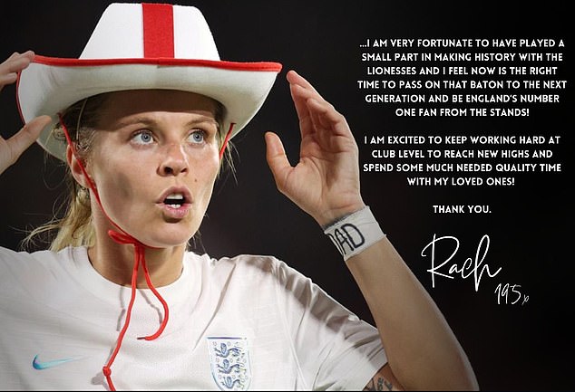 ‘I would love nothing more than to play for England forever, but the time has come for me to hang my boots up on the international stage,’ Daly said in her announcement, pictured, which she shared to her social media channels
