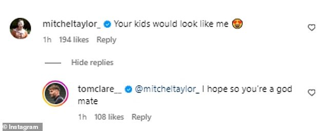 „All Stars“-Co-Star Mitch Taylor kommentierte: „Ihre Kinder würden wie ich aussehen“, worauf Tom antwortete: „Ich hoffe, Sie sind ein guter Kumpel.“