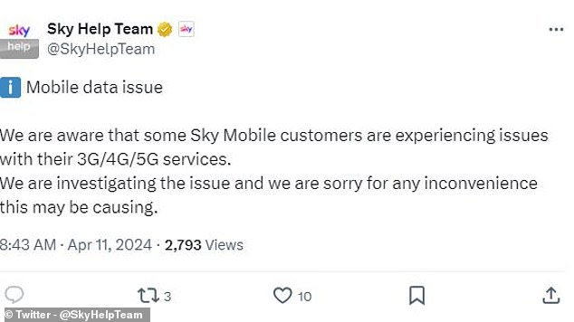 Sky bestätigte, dass einige Kunden Probleme mit mobilen Internetdiensten haben und sagt, dass sie das Problem untersuchen