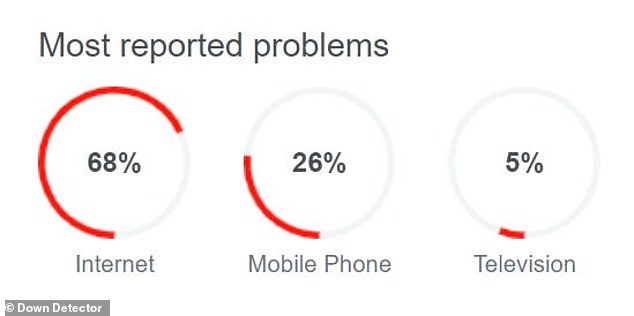 Von den insgesamt gemeldeten Dienstunterbrechungen bei Down Detector berichteten 68 Prozent über Probleme mit dem Internet, während 26 Prozent über Probleme mit dem Mobiltelefon berichteten