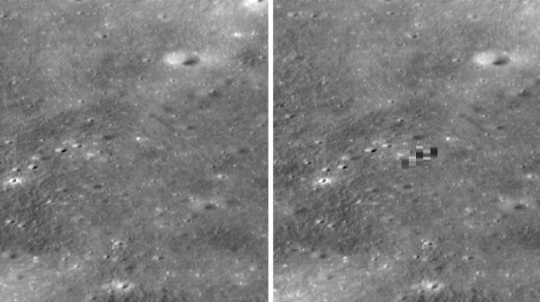 Im Bild rechts sind die Danuri-Pixel nicht verschmiert.  Das LRO befand sich 8 km (5 Meilen) über Danuri, als es dieses Bild aufnahm.  Das Bild ist um 90 Grad gedreht, um so auszusehen, wie eine Person es sehen würde, wenn sie an Bord des LRO wäre und aus einem Fenster schaute.  Bildquelle: NASA/Goddard/Arizona State University