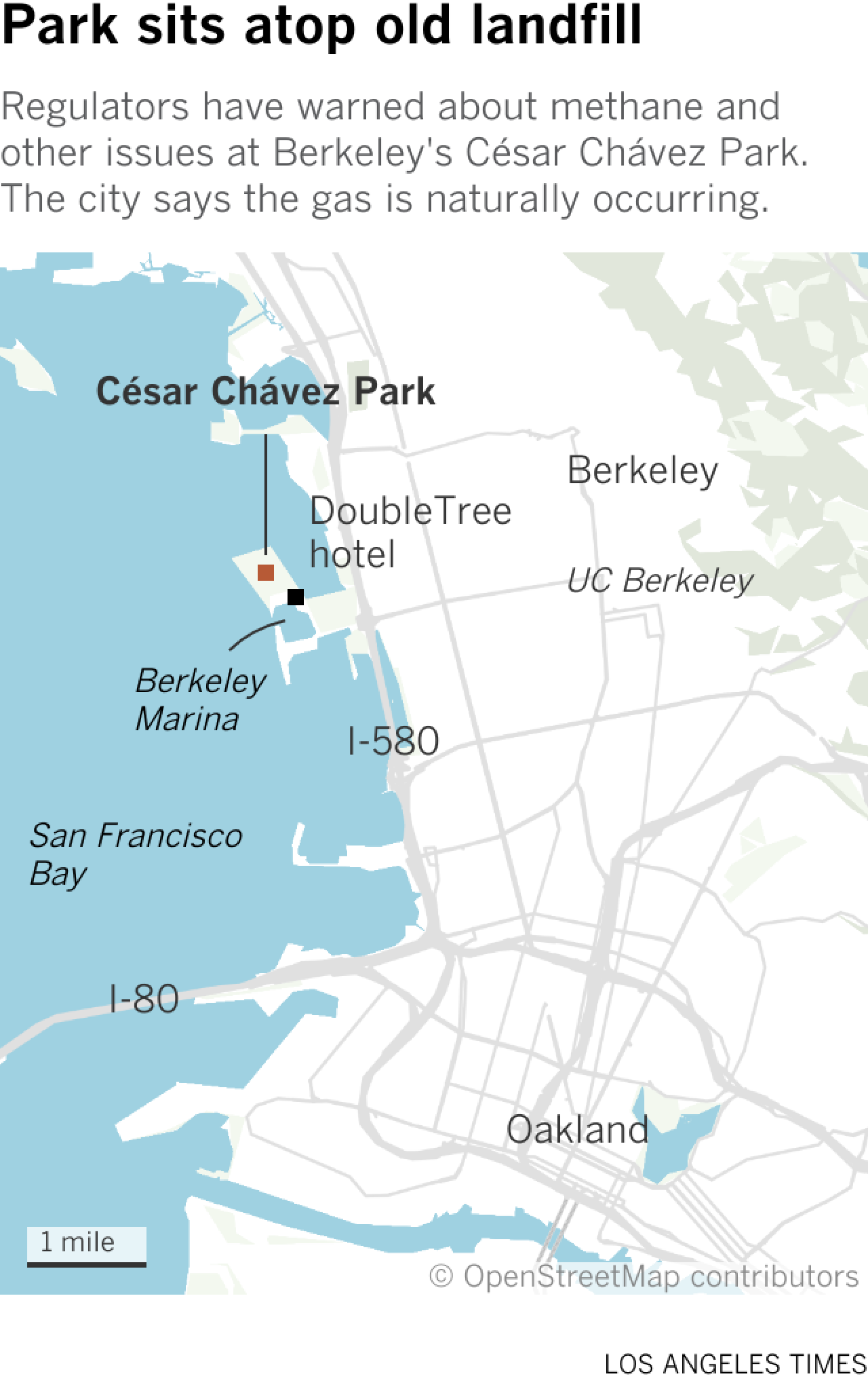 Die Karte zeigt die Lage des César Chávez Park und des nahegelegenen DoubleTree Hotels am Berkeley Marina.  Der Park liegt auf der Westseite von Berkeley.