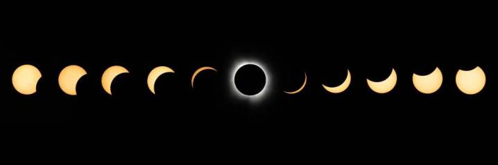 Dieses zusammengesetzte Bild aus Mehrfachbelichtungen zeigt den Verlauf einer totalen Sonnenfinsternis in Dallas am 8. April 2024. 
