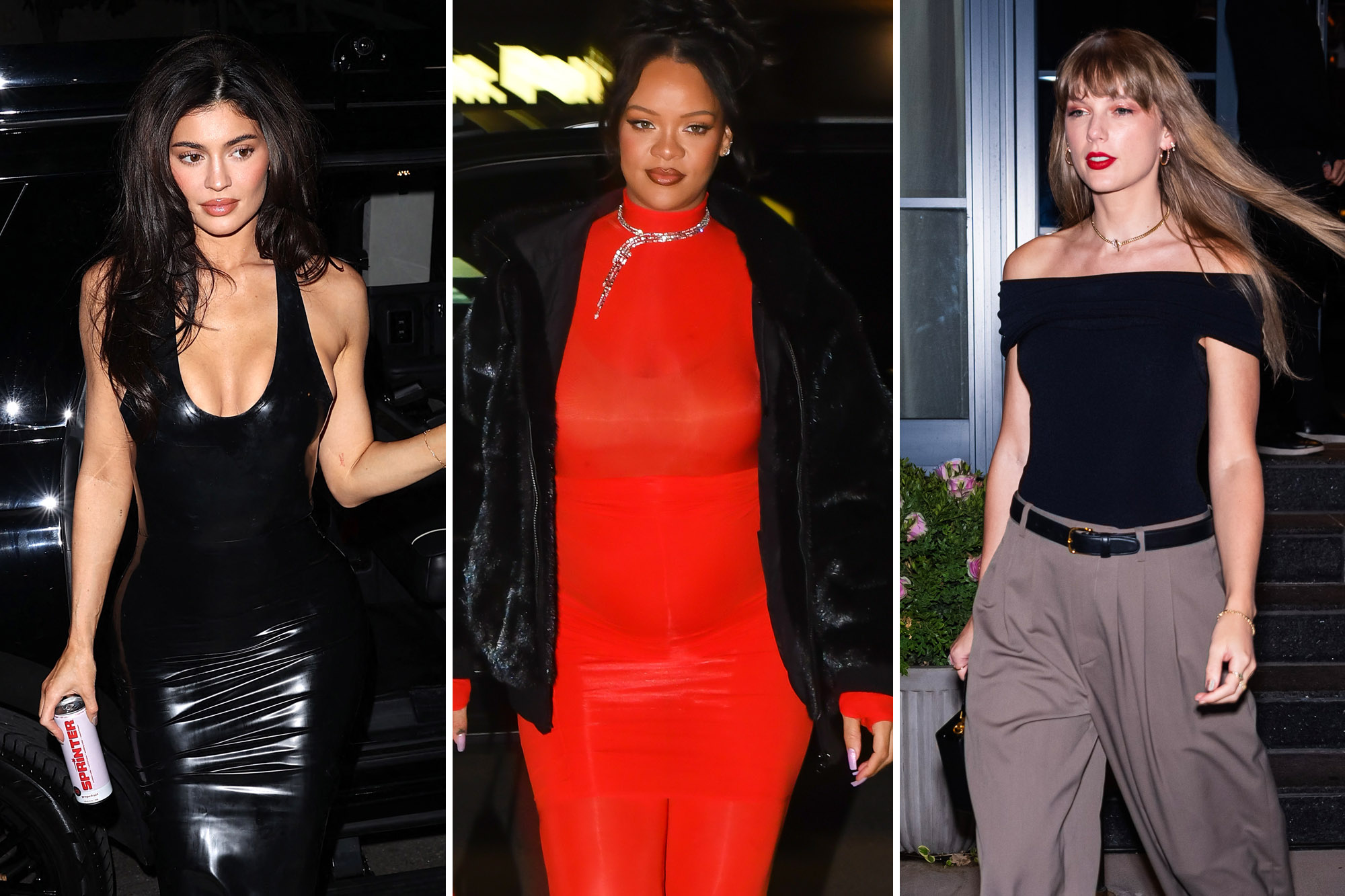 Ein dreigeteiltes Bild von Kylie Jenner, Rihanna und Taylor Swift in Alaïa-Bodys