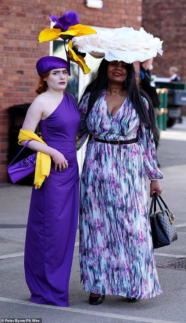 One woman decided to opt for a purple and butter yellow outfit, whereas her friend went for a more subtle pastel-coloured frock
